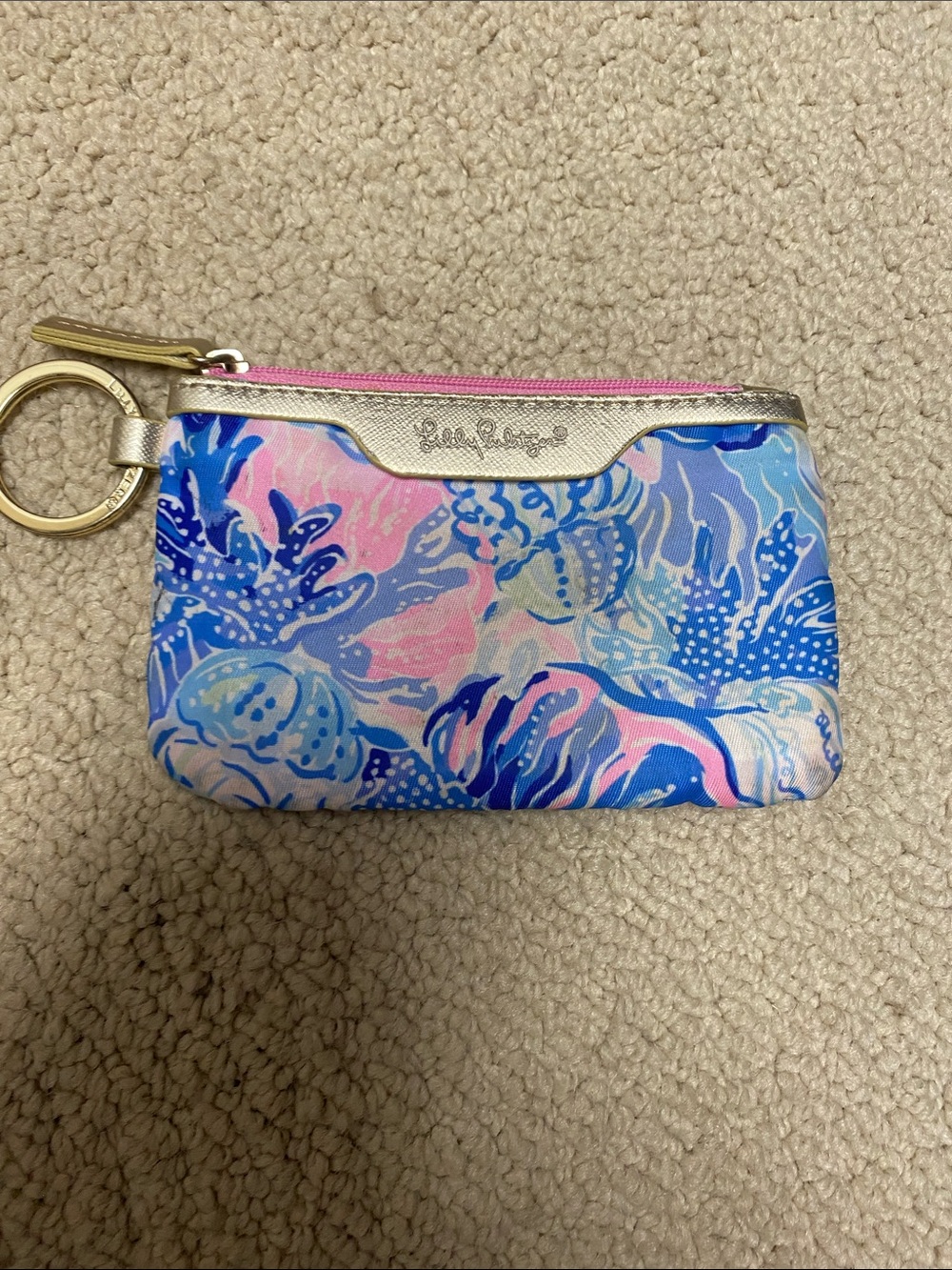Lilly Pulitzer Pink & Blue Printed Key Pouch with Gold Ring